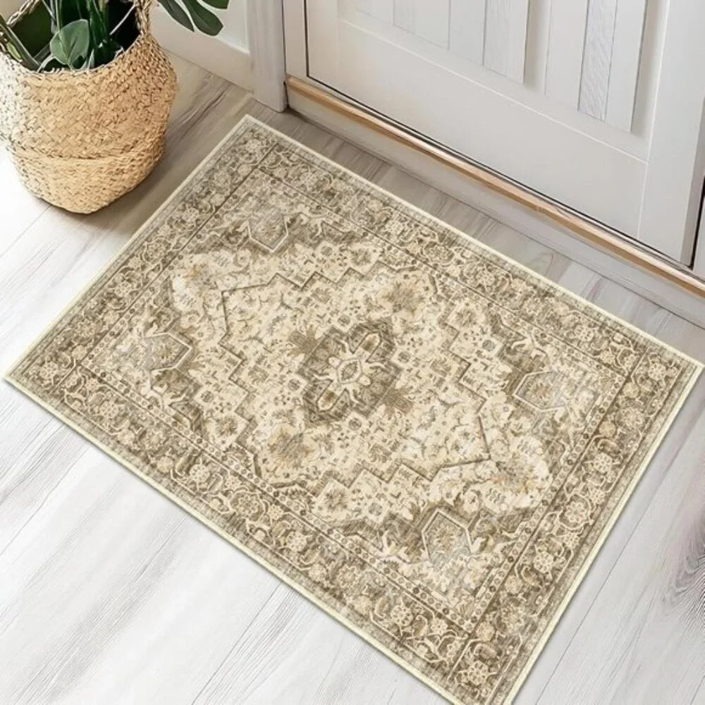 New 2x3 Washable Area Rug, Brown Vintage Floral Non-Slip Mat for Entry & Home